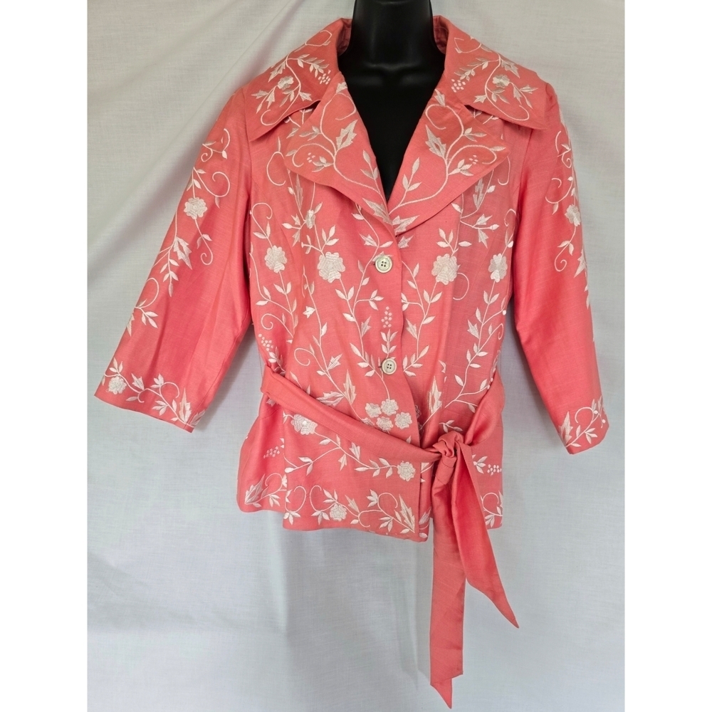 David Brooks▪️Embroidered Floral Coral Button Down Lined Blazer w/ Waist Tie